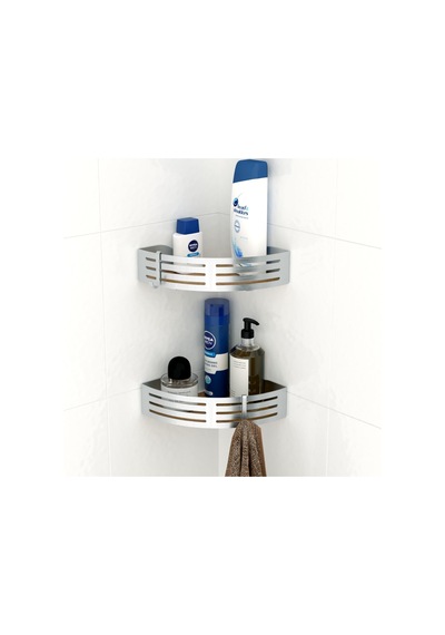 Teknotel Paslanmaz Kancalı Banyo Köşe Rafı Parlak + Ahşap Desenli Çok Renkli