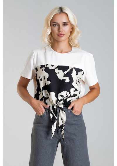 Kadın Bağlamalı Baskılı Viskon Kombinli Likralı Örme Kumaş Sıfır Yaka Tshirt Siyah - Ekru Kadın Bağlamalı Baskılı Viskon Kombinli Likralı Örme Kumaş Sıfır Yaka Tshirt Siyah - Ekru