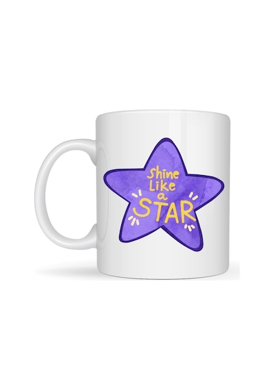 Shine Like A Star Motivasyon Mesajlı Mor Yıldız Tasarımlı Porselen Kupa Model 122, Günlük Kullanım