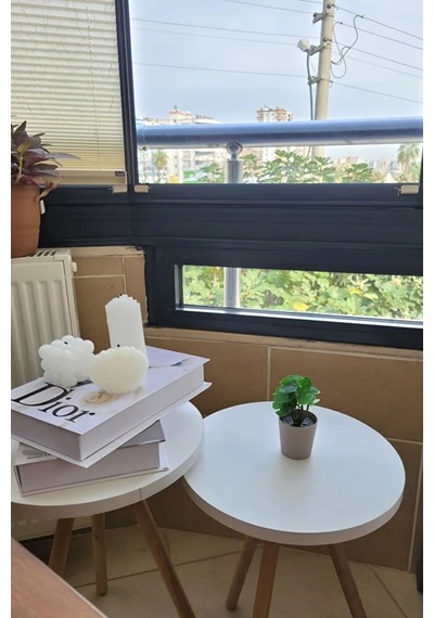 2'li Zigon Sehpa Seti Saksılık Ve Çiçeklik Standı, Dekoratif Yan Sehpa Ahşap Ayaklı 33 Cm Çap - Beyaz Beyaz
