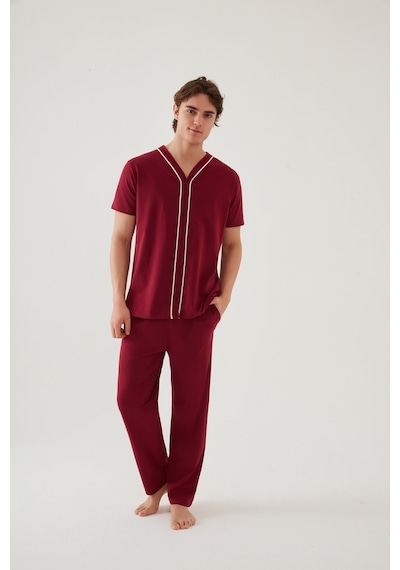 Erkek Kısa Kollu Pamuklu Gömlek Yaka Düğmeli Biyeli Pijama Takımı Ke30118 Bordo