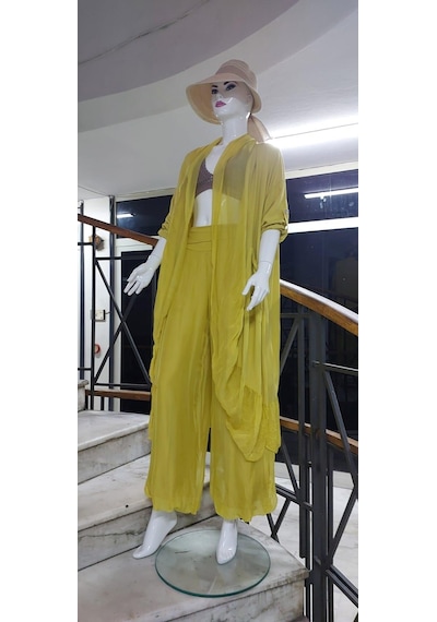 Itayan Ipek Detaylı Oversize Kaftan- Pantolon Takım Hardal