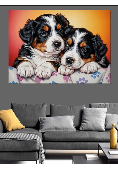 Ahşap Tablo Uyuyan İki Küçük Köpek Yavrusu İnsan Figürlü Tablolar