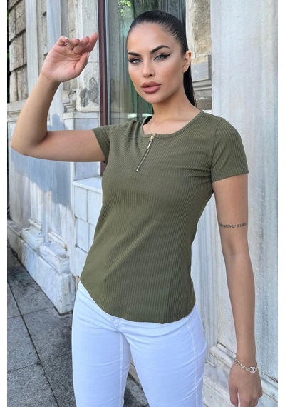 Kadın Haki Kısa Kol, Fermuar Yaka Detaylı, Fitilli Terletmez Kumaş, Rahat Bluz, Tshirt Haki