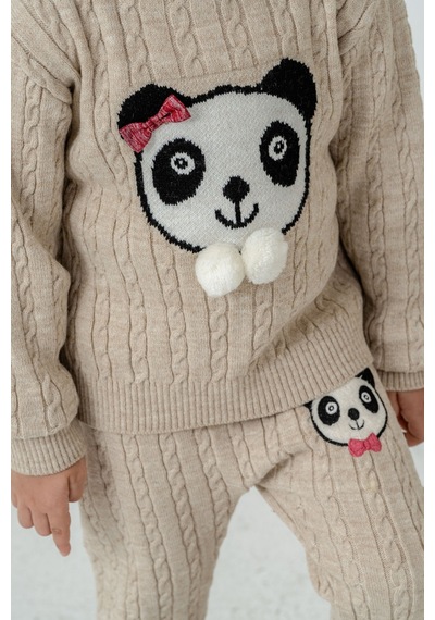 Babyhola 1-5 Yaş Kız Çocuk Panda Desenli Saç Örgü Kışlık Triko Takım 23217 Bej