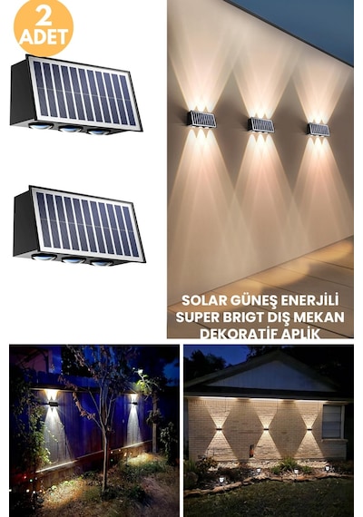 Trendpoint 2adet Solar Çift Taraflı 6ledli Aplik Sarı Işık Duvar Lamba Bahçe Aydınlatma Güneşle Şarj