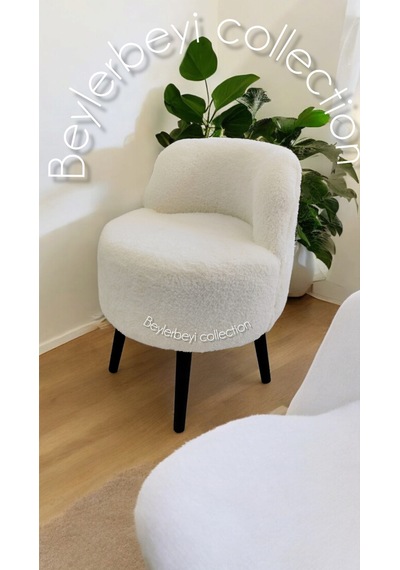 Rufmye , Sırtlı Mini Berjer, Kırık Beyaz, Siyah Ayak, Dekoratif Puf, Puf Bench Makyaj Pufu, Beyazbbbbb