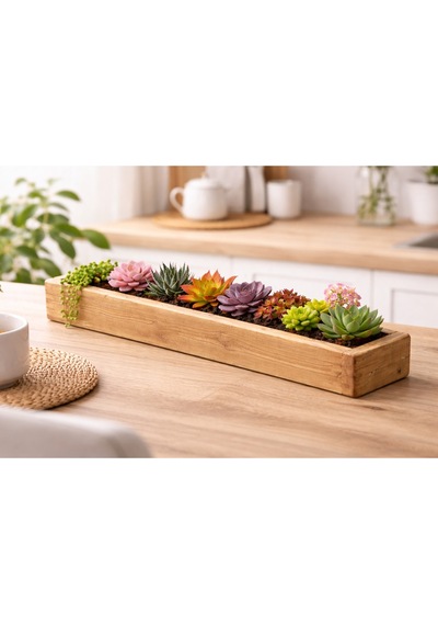Doğal Ahşap Sukulent Bahçe Kutusu 50 Cm X 9 Cm X 9 Cm