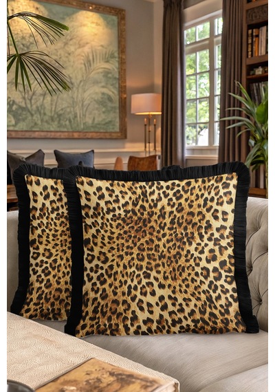 Leopar Desenli Saçaklı Yastık Kılıfı-safari Dokulu Siyah Gold Bohem Püsküllü Kırlent Kılıfı Açık Sisli Lime