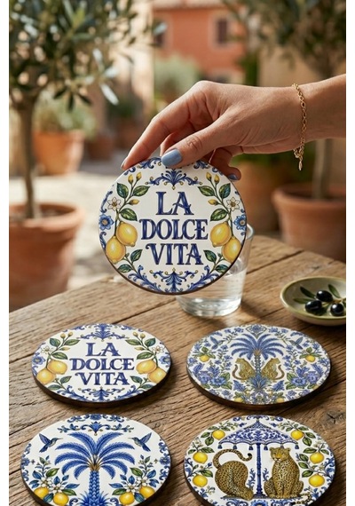 Sicilya Limon Desenli Bardak Altlığı 4lü Set La Dolce Vita 9 Cm Mdf Uv Baskı Çok Renkli