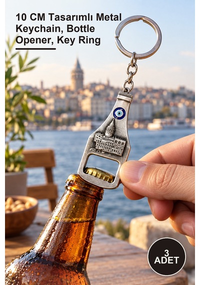 3 Adet Galata Kulesi Metal Anahtarlık Ve Açacak 10 Cm Tasarımlı Metal Keychain, Bottle Opener, Key Ring
