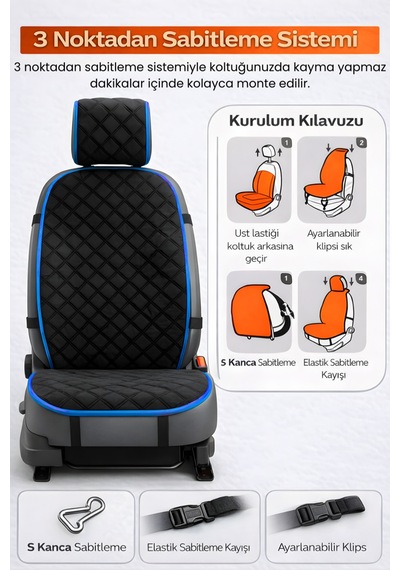 Oto Koltuk Kılıfı Tay Tüyü 2'li Ön Minder Terletmez Kaymaz Airbag Uyumlu - Siyah Mavi