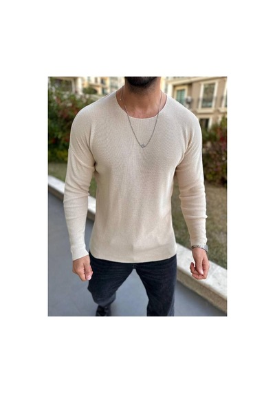 Elku Moda Kazak Oversize Örme Natural Pamuk Tüylenmeyen Kazak Salaş Tarz Triko Sweatshirt Dökümlü Model Açık Bej