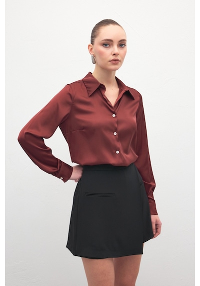 Sateen Saten Gömlek - Bordo-137000 Bordo