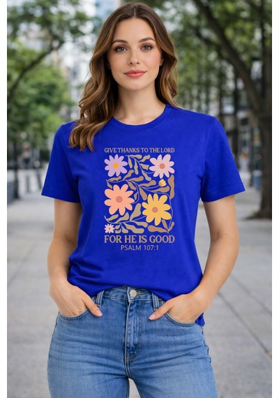 Herkesemoda For He Is Good Baskı Detaylı Basic T-shırt Mavi