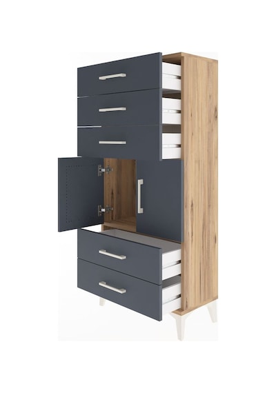 Arges Dolap Tek Raflı 5 Çekmeceli 2 Kapaklı 60x30x134 Çam-antrasit Atlas Çam