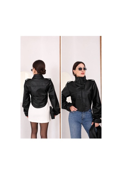 Moda Banuş Cup Detay Crop Siyah Deri Ceket