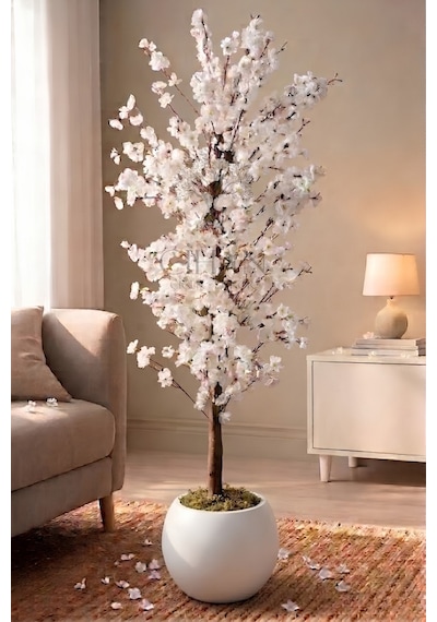 Cihan Çiçekçilik Yapay Beyaz Bahar Dalı Ağacı 200cm - 27x33 Cm Küre Saksılı