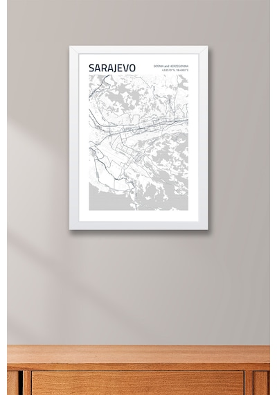 Saraybosna Sarajevo Haritası Çerçeveli Tablo Lüks Salon Ofis Duvar Dekorasyonu Hediyelik Tablo Beyaz