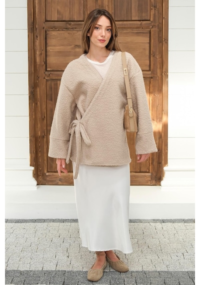 Olcay Önü Bağlamalı Buklet Kimono Ceket Taş 8265