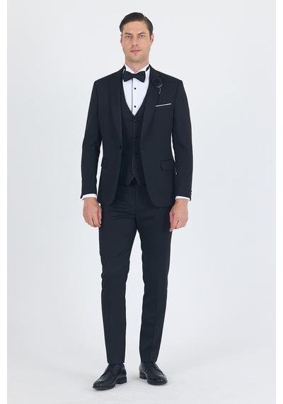 İmza Siyah Mono Yaka Tek Düğme Slim Fit Yelekli Ceremony Takım Elbise 1001250201 Siyah