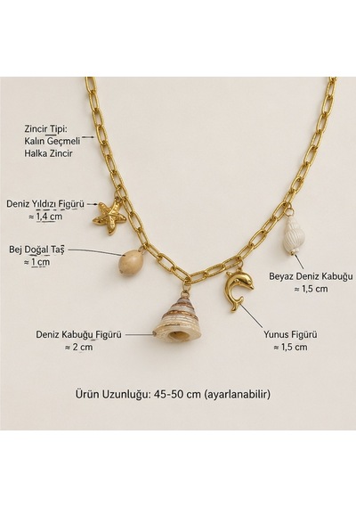 Marina Charm Kadın Yazlık Deniz Temalı Gold Zincir Kolye 45-50 Cm 316l Paslanmaz Çelik Renkli