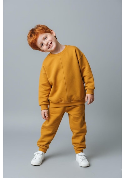 Luess Unisex Çocuk Dikiş Detaylı 3 İplik Hardal Alt Üst Takım Hardal