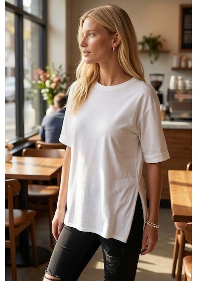Armonika Kadın Beyaz Yuvarlak Yaka Duble Kol Yanları Yırtmaçlı Pamuklu T-shirt Arm-26y137001