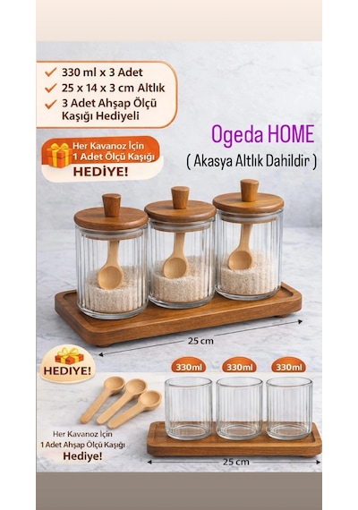 Ahşap Kapaklı Cam Baharat Seti 3 Lü 330 Ml - Mien Altlık Ve Kaşıklı 3'lü Baharat Seti Kahverengi - Şeffaf