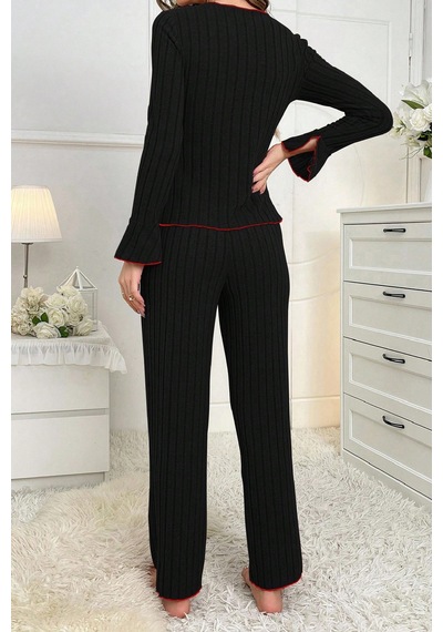 Moda Dua Kadın Siyah Kırmızı Biyeli Ve Fiyonklu Uzun Kollu Mevsimlik Pijama Takımı