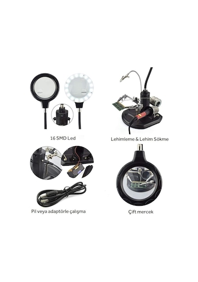 Wellhise Acn-129 Masa Üstü Ledli Mini Büyüteç Havya Stand Pcb Tutucu