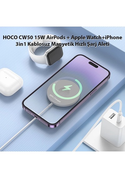 Hoco Cw50 15w AirPods + Apple Uyumlu Watch+iPhone 3in1 Kablosuz Manyetik Hızlı Şarj Aleti- 5775 Standart