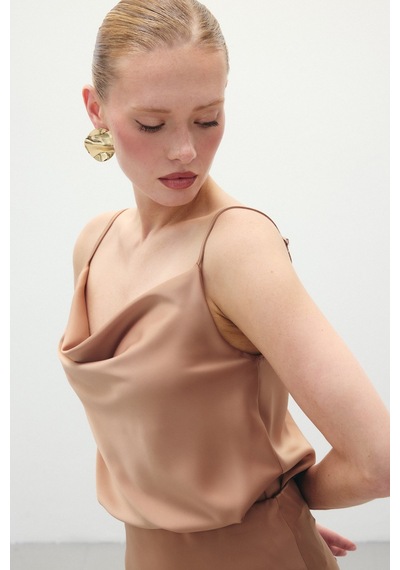 Sateen Degaje Yaka Saten Bluz - Camel