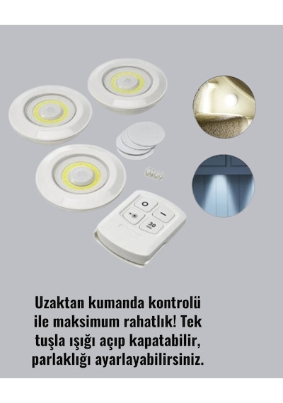 Çok Amaçlı Kullanım İçin Kablosuz Yapışkanlı 3 Lü Uzaktan Kumandalı Led Spot Lamba Açık Mavi