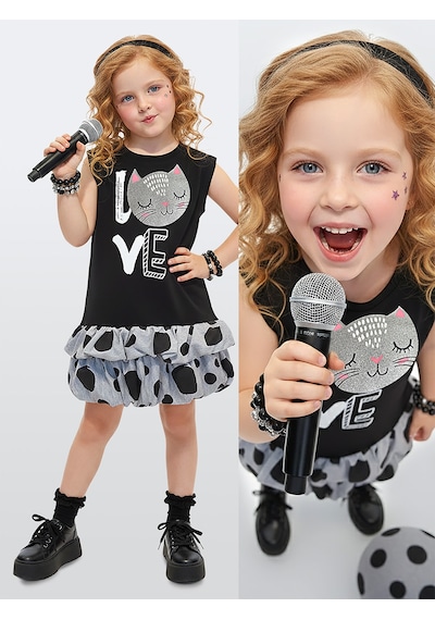 Denokids Kız Çocuk Elbise Siyah Kedi İlkbahar Yaz Sezonu 4-10 Yaş Çok Renkli