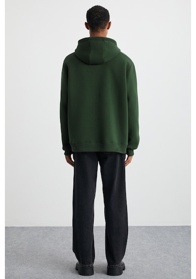 Grımelange Cartmel Erkek Organik Kumaşlı İçi Polarlı Yumuşacık  Kanguru Cepli Kapüşonlu Koyu Yeşil Sweatshirt