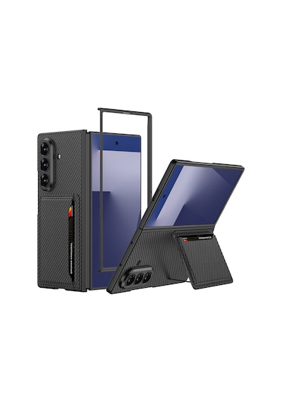 Galaxy Z Fold 7 Suni Deri Arka Yüzey Hesaplı Dünya Kartlıklı Kıpta Silikon Kılıf Siyah Karbon