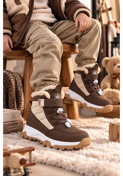 Muggo Peak İçi Kürklü Cırtlı Ve Bağcıklı Unisex Çocuk Kar Botu Kahverengi