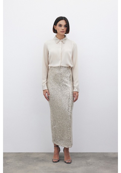 Sateen Karolin Midi Etek - Bej-135197 Bej