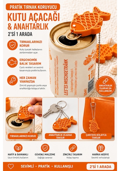 Pratik Tırnak Koruyucu Balık Tasarımlı Kutu İçecek Açacağı Ve Anahtarlık 2 Si 1 Arada 11286020