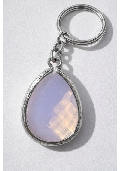Gümüş Renk Opalit Damla Kesim Doğal Taş Anahtarlık I Unisex Metal Tasarım