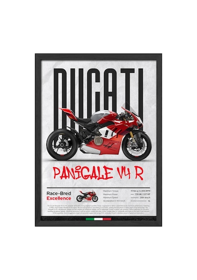 Ducati Panigale V4 R Siyah Ahşap Çerçeveli Poster, Dekoratif Motosiklet Duvar Tablosu