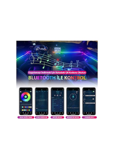 Araç İçi Atmosfer Ambiyans Led Neon 64 Renk Rgb App Kontrollü 18 Parça