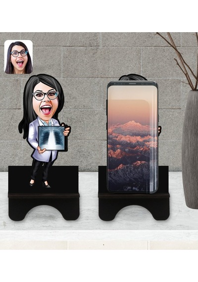 Kişiye Özel Kadın Radyolojist Karikatürlü Ahşap Biblo Telefon Sta