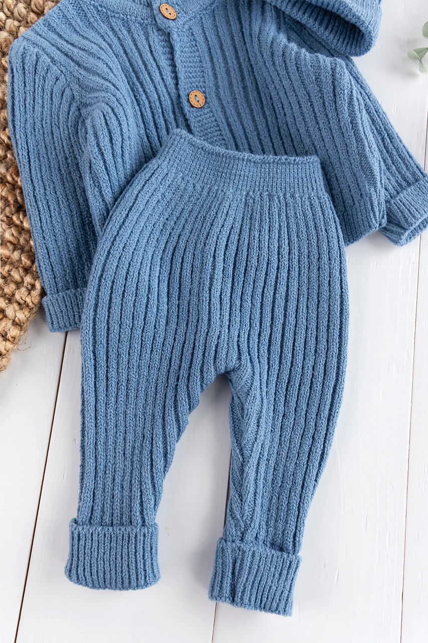 Babymod Triko Hırkalı Bereli Unisex Kışlık Şapkalı Bebek Takım İndigo
