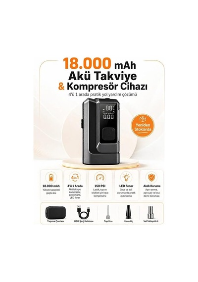 18000mah Akü Takviye Ve Kompresör 4'ü 1 Arada Taşınabilir Araç Marş Basma Cihazı Jump Starter