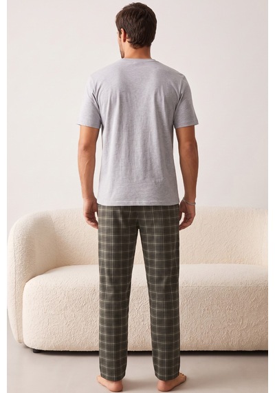 Siyah İnci Desenli Baskılı Örme Kısa Kollu Pijama Takım 8004 Grı Ayı