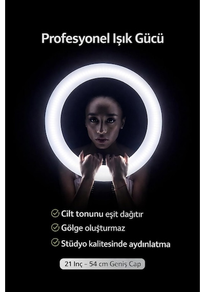 Ayrex 21 İnç 54 Cm Profesyonel Ring Light 210 Cm Ayarlanabilir Tripodlu, 3'lü Telefon Tutuculu, 3 Işık Modlu,