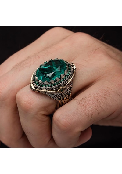 Yeşil Paraiba Taşlı Zorbey 925 Gümüş Erkek Yüzük