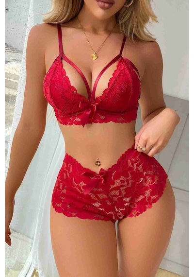 Merry See Dantel Şık Sütyen Külot Takım İç Giyim Kırmızı 001